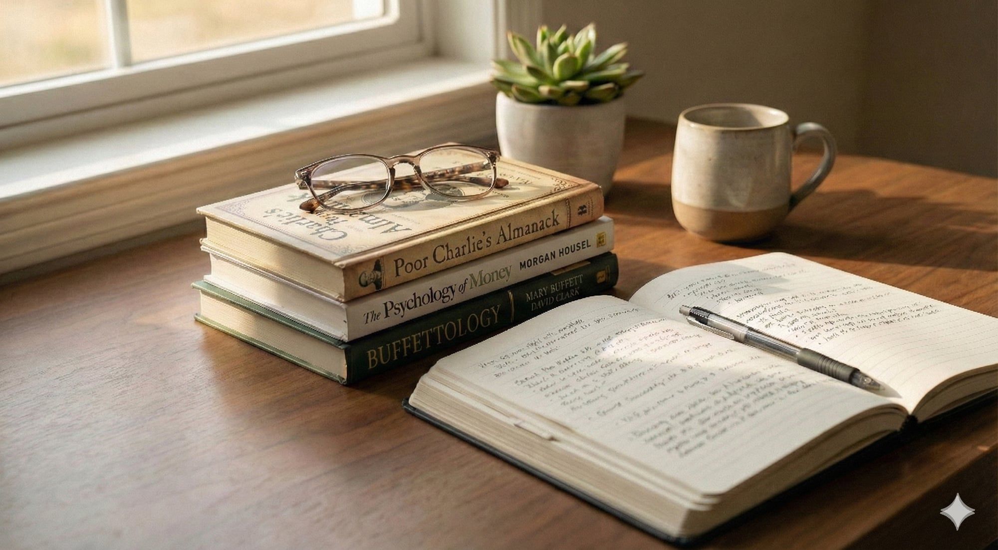 Libros de finanzas y cuaderno de notas en un escritorio