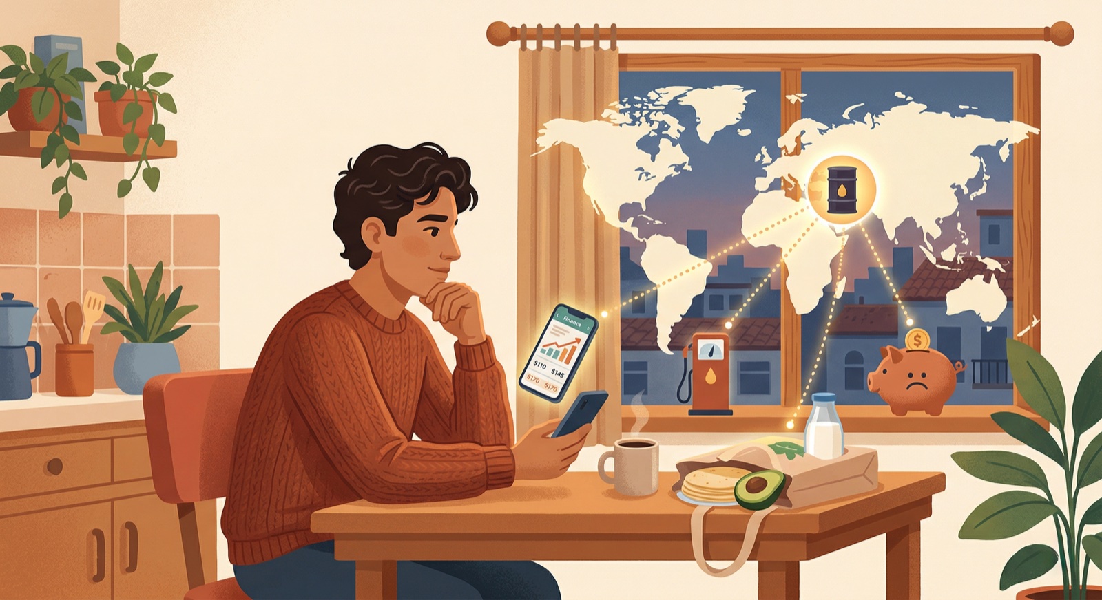 Ilustración de una persona leyendo noticias económicas mundiales y su impacto en las finanzas personales